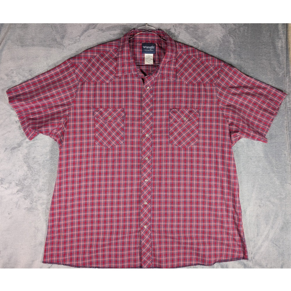 Wrangler Western Shirt Mens 4XT Red Blue Plaid Pearl Snap Short Sleeve Tall Big